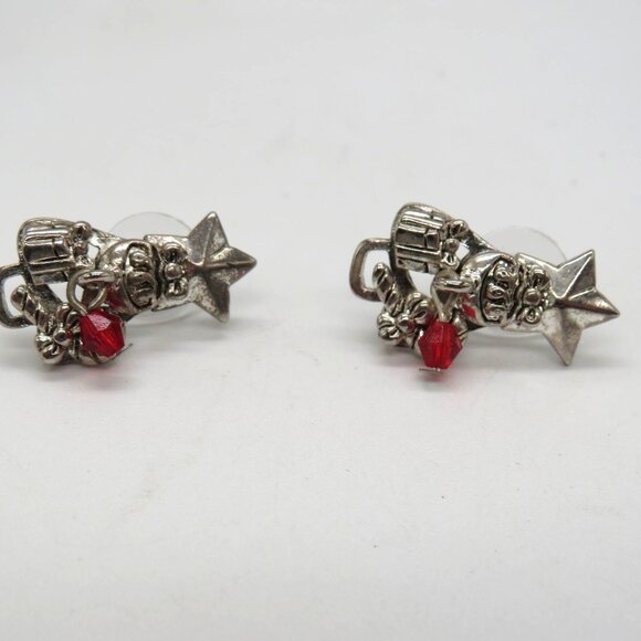 Christmas Earrings Presents Candy Cane Star Silver Tone Pierced Red Dangle Bead - Picture 5 of 7